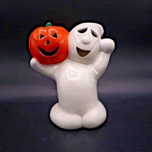 Ghost and Jack-o-Lantern Candle Holder Vintage Ceramic Painted Halloween Decor